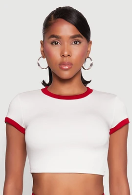 Womens Short Sleeve Ringer Crop Top, White, Size M