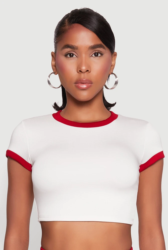 Womens Short Sleeve Ringer Crop Top, White,