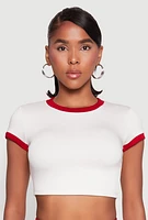 Womens Short Sleeve Ringer Crop Top, White,