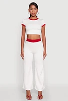 Womens Short Sleeve Ringer Crop Top, White, Size XL