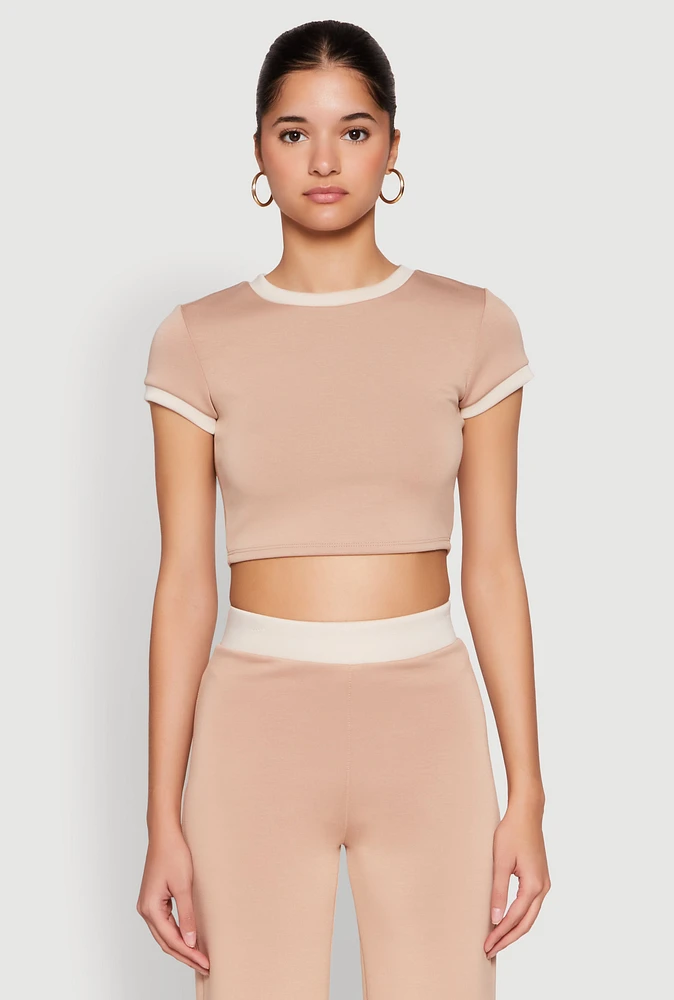 Womens Short Sleeve Ringer Crop Top, S