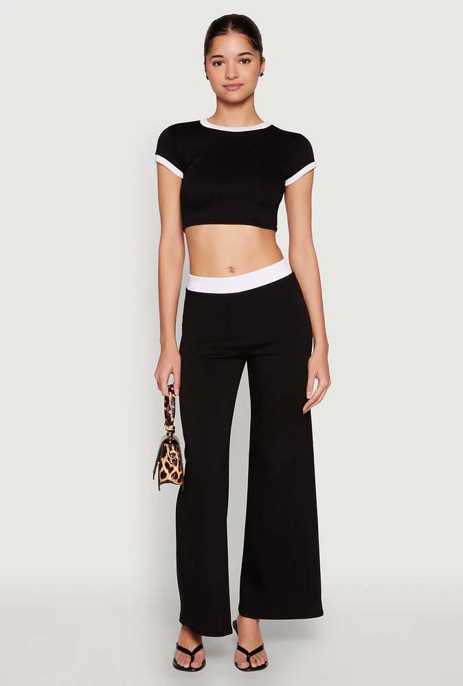 Womens Contrast Waistband Wide Leg Pants,