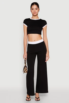 Womens Contrast Waistband Wide Leg Pants,