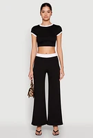Womens Contrast Waistband Wide Leg Pants,