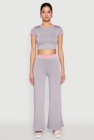 Womens Contrast Waistband Wide Leg Pants, Grey, Size XL