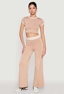 Womens Contrast Waistband Wide Leg Pants, Khaki, Size L
