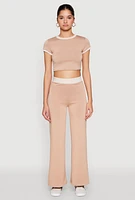 Womens Contrast Waistband Wide Leg Pants, Khaki, Size L