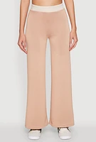 Womens Contrast Waistband Wide Leg Pants, Khaki, Size L