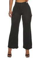 Womens Ribbed High Waist Cargo Pocket Wide Leg Pants, S