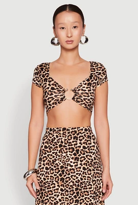Womens Leopard Print Keyhole Crop Top, Brown, Size L