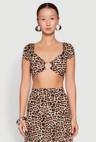 Womens Leopard Print Keyhole Crop Top, Brown, Size L