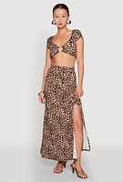 Womens Leopard Print Keyhole Crop Top, Brown, Size L