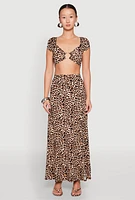 Womens Leopard Print Keyhole Crop Top, Brown, Size L
