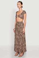 Womens Leopard Print Keyhole Crop Top, Brown, Size L