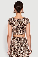 Womens Leopard Print Keyhole Crop Top, Brown, Size L