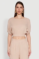 Womens Chic Gauze Knit Crew Neck Cropped Blouse with Bubble Sleeves,