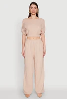Womens Chic Gauze Knit Crew Neck Cropped Blouse with Bubble Sleeves,