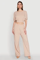 Womens Chic Gauze Knit Crew Neck Cropped Blouse with Bubble Sleeves,