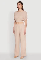 Womens Chic Gauze Knit Crew Neck Cropped Blouse with Bubble Sleeves,