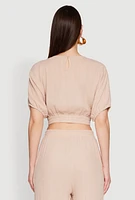 Womens Chic Gauze Knit Crew Neck Cropped Blouse with Bubble Sleeves, Beige,