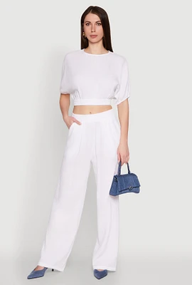 Womens Stylish Gauze Knit Elastic Waist Pleated Palazzo Pants, White, Size S