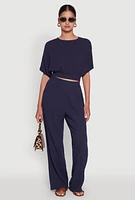 Womens Stylish Gauze Knit Elastic Waist Pleated Palazzo Pants, Blue, Size XL