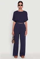 Womens Stylish Gauze Knit Elastic Waist Pleated Palazzo Pants, Blue, Size XL