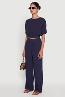Womens Stylish Gauze Knit Elastic Waist Pleated Palazzo Pants, Blue, Size XL