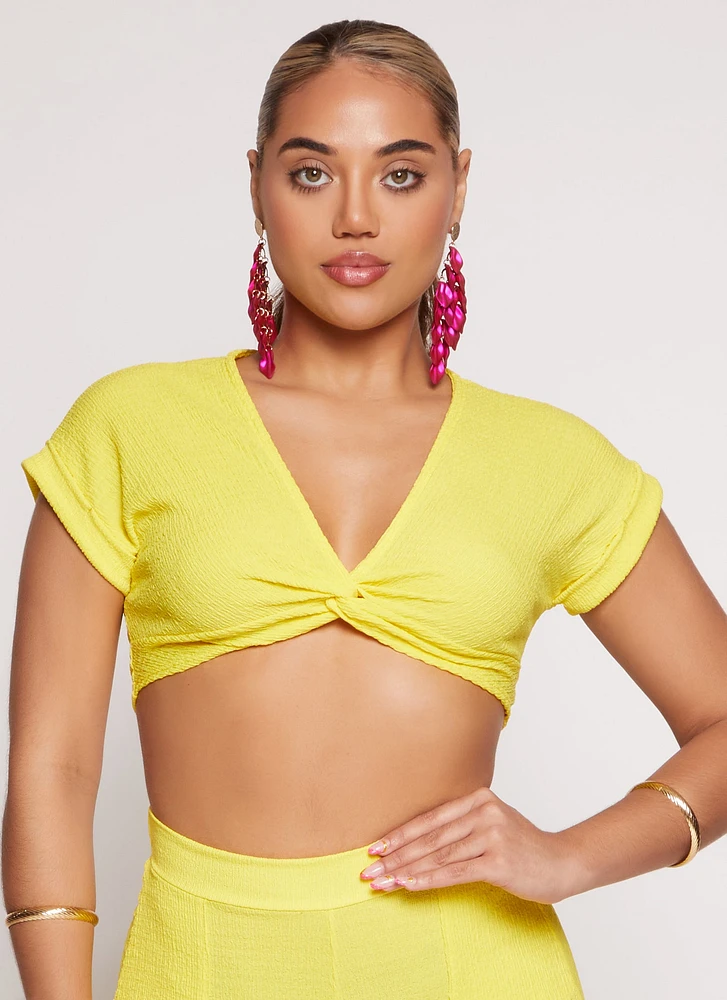 Womens Fixed Cuff Twist Front Crop Top, Yellow, Size L