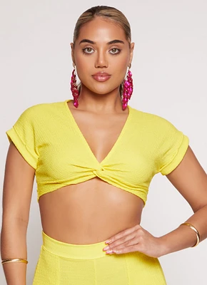 Womens Fixed Cuff Twist Front Crop Top, Yellow, Size L