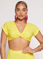 Womens Fixed Cuff Twist Front Crop Top, Yellow, Size L