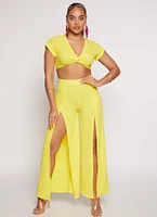 Womens Fixed Cuff Twist Front Crop Top, Yellow, Size L
