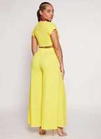 Womens Fixed Cuff Twist Front Crop Top, Yellow, Size L