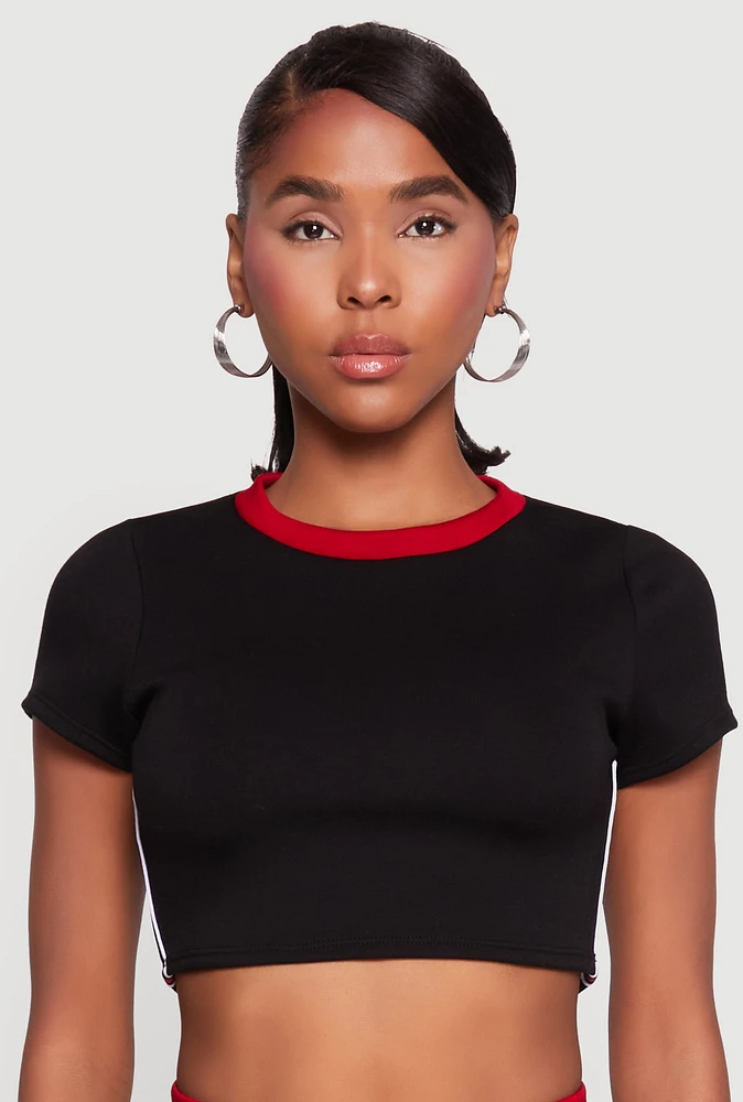Womens Varsity Stripe Detail Short Sleeve Crop Top, Black,