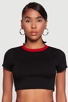 Womens Varsity Stripe Detail Short Sleeve Crop Top, Black,