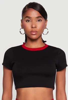 Womens Varsity Stripe Detail Short Sleeve Crop Top, Black, Size L