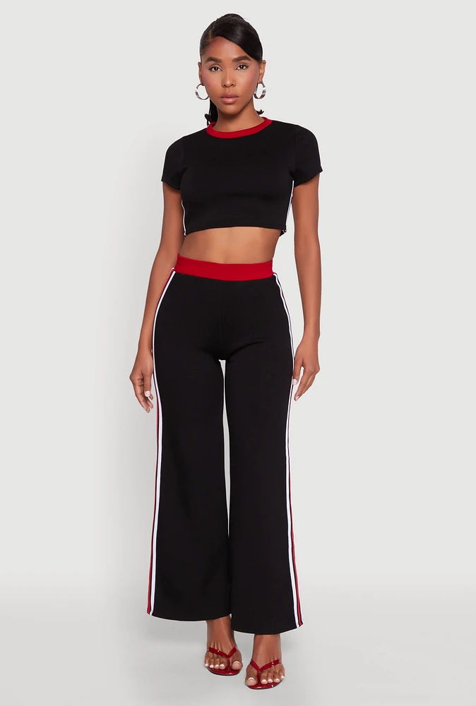 Womens Scuba Contrast Trim Wide Leg Pants, Black, Size S