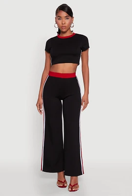 Womens Scuba Contrast Trim Wide Leg Pants, Black, Size S