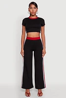 Womens Scuba Contrast Trim Wide Leg Pants, Black, Size S