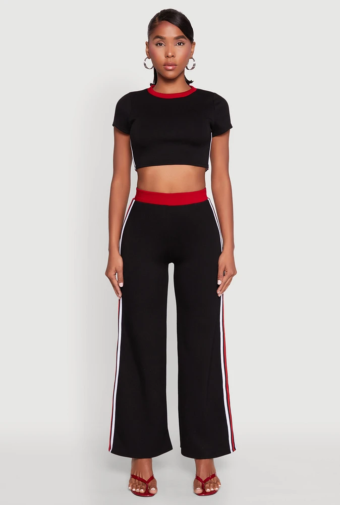 Womens Scuba Contrast Trim Wide Leg Pants, Black, Size L