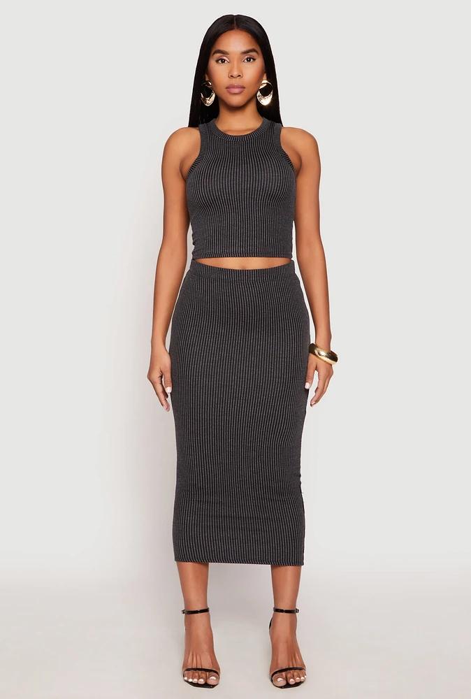 Womens Almost Famous Ribbed Knit Midi Skirt, Grey, Size L