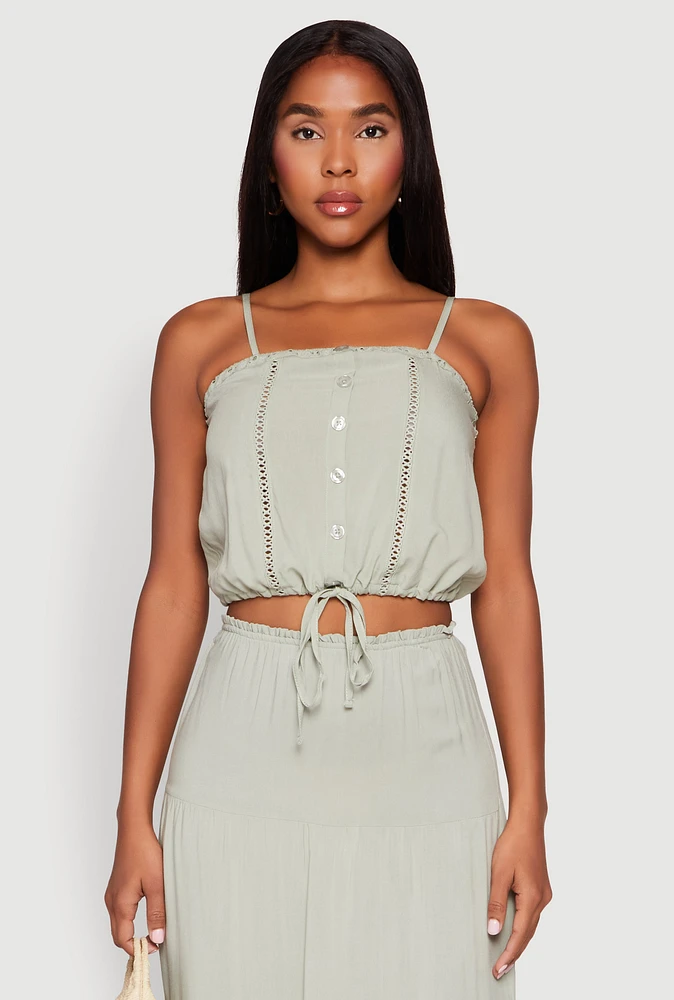 Womens Almost Famous Faux Button Cropped Cami, Green, Size M