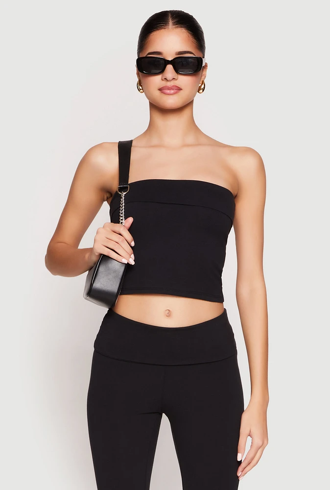 Womens Almost Famous Fold Over Cropped Tube Top, Black, Size M