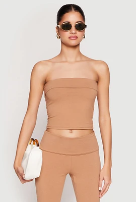 Womens Almost Famous Fold Over Cropped Tube Top, Beige, Size XL