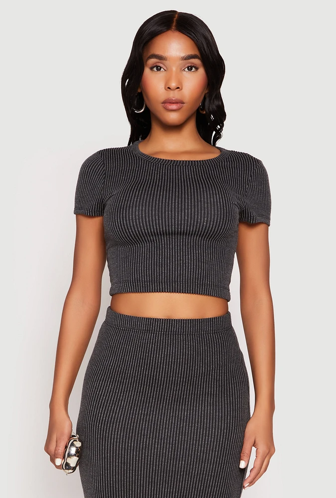 Womens Almost Famous Ribbed Knit Short Sleeve Top, Grey, Size L