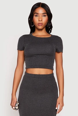 Womens Almost Famous Ribbed Knit Short Sleeve Top, Grey, Size L