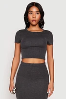 Womens Almost Famous Ribbed Knit Short Sleeve Top, Grey, Size L