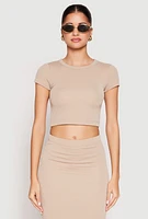 Womens Almost Famous Ribbed Knit Short Sleeve Top, Beige, Size M