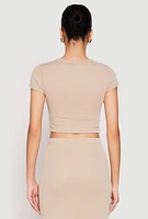 Womens Almost Famous Ribbed Knit Short Sleeve Top, Beige, Size M