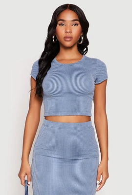 Womens Almost Famous Ribbed Knit Short Sleeve Top, Blue, Size M